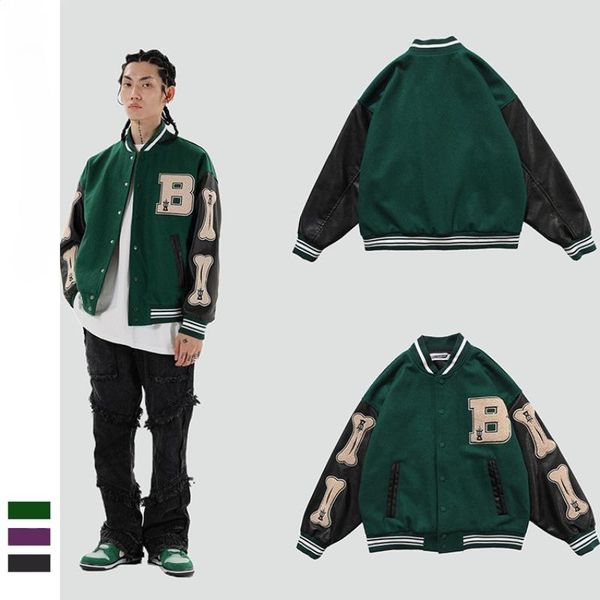 

men's jackets men baseball coats hip hop furry bone patchwork color block 2021 mens harajuku streetwear bomber jacket unisex, Black;brown