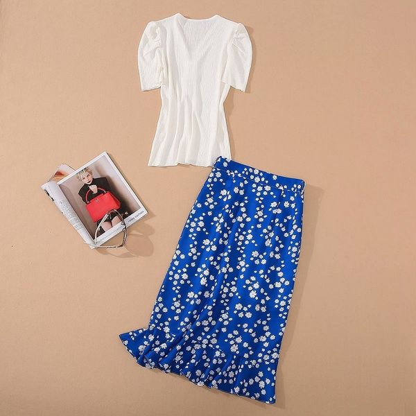 

ladies skirt summer suits women v-neck big buttons deco short sleeve white & tees+midi blue skirt sets 2pc