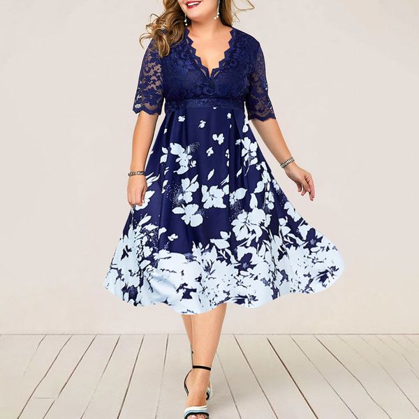 

plus size womens dress evening party dresses 2021 new summer fashion patchwork flower large size dress lace elegant dress, Black;gray