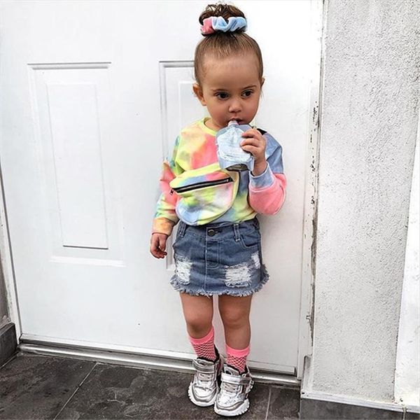

infant baby girls clothes sets print long sleeve t shirts denim skirts 2pcs fashion summer outfits clothing, White