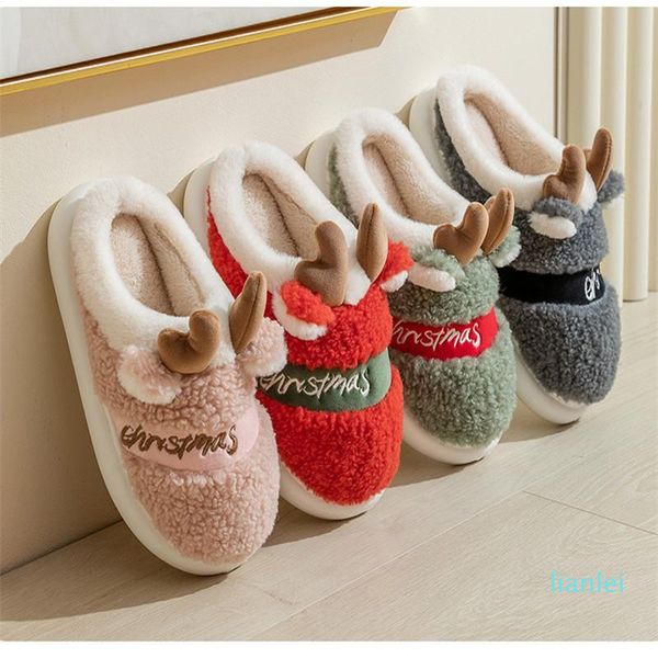 

slippers 2021 thick sole christmas deer women men indoor warm slipper soft plush home floor lovers winter platform shoes, Black