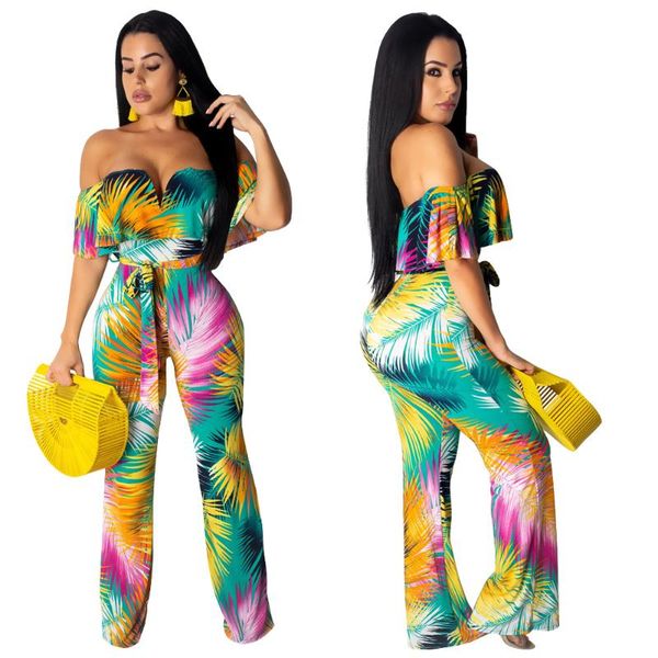 

boho tropical print off shoulder ruffle rompers womens beach vacation summer jumpsuit playsuit skinny bodycon overalls women's jumpsuit, Black;white