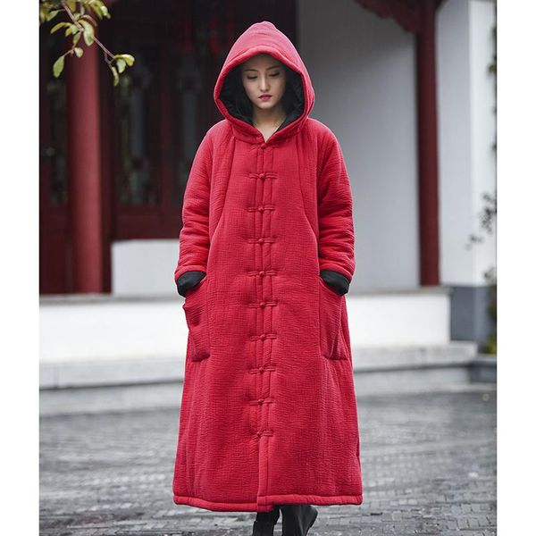 

women's trench coats retro literary fan cotton robes women 2021 winter thick quilted long coat national wind plate buckle loose aphid, Tan;black