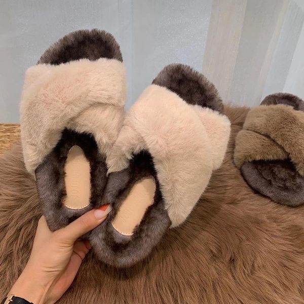 

autumn and winter fur slippers, flat-bottomed home women's thermal cotton-padded shoes hair platform lazy slippers, Black