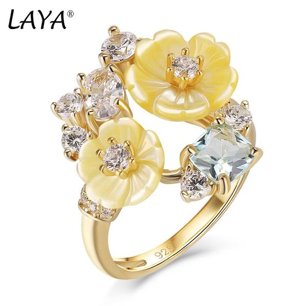 

cluster rings laya ring for women zircon natural yellow shell flower 925 sterling silver anillos fashion jewelry 2021 trend, Golden;silver