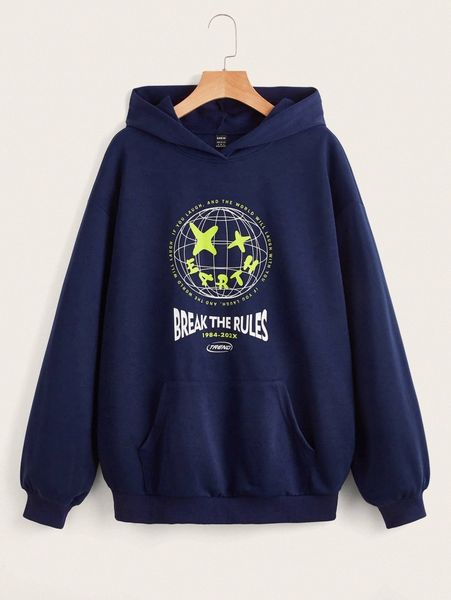 

slogan & earth print kangaroo pocket drop shoulder hoodie v6xh#, White;black