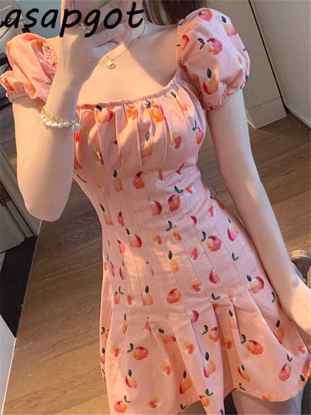 2 стиль корейских шикарных сладких девочек плюс размер квадратный шею цветочные платья женщины персик розовый летний темперамент талии тонкий министид 210610