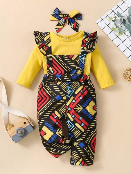 

baby solid bodysuit & geo print ruffle trim overall jumpsuit & headband she, White