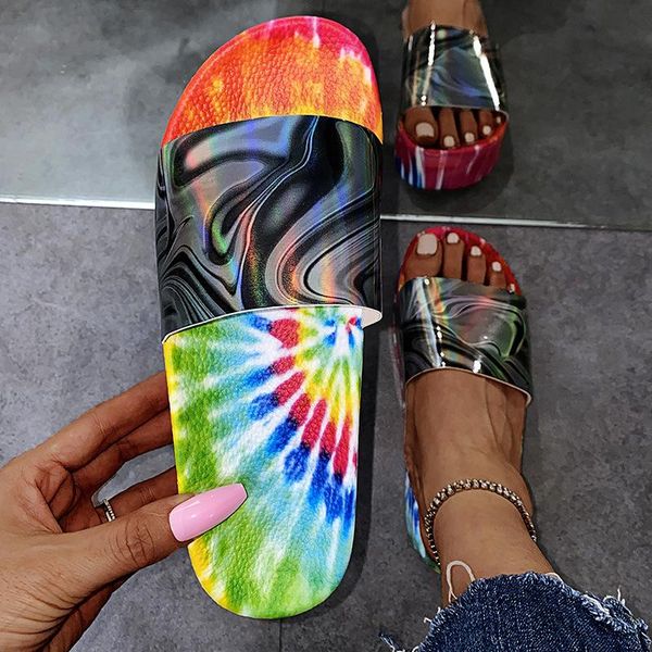 

women slippers 2021 summer sandals female print flat platform rainbow color woman outdoor slides tie dye beach shoes, Black