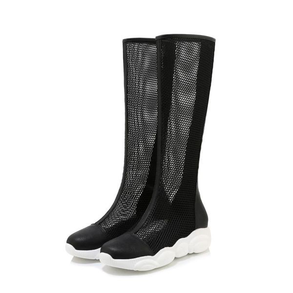 

fashion air mesh women high boots spring summer arrivals knee-high back zipper round toe flat with female, Black