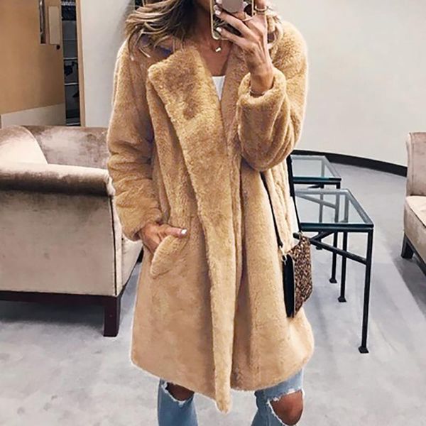 

women's fur & faux long teddy bear jacket coat women winter 2021 thick warm oversized chunky outerwear overcoat lambswool coats, Black