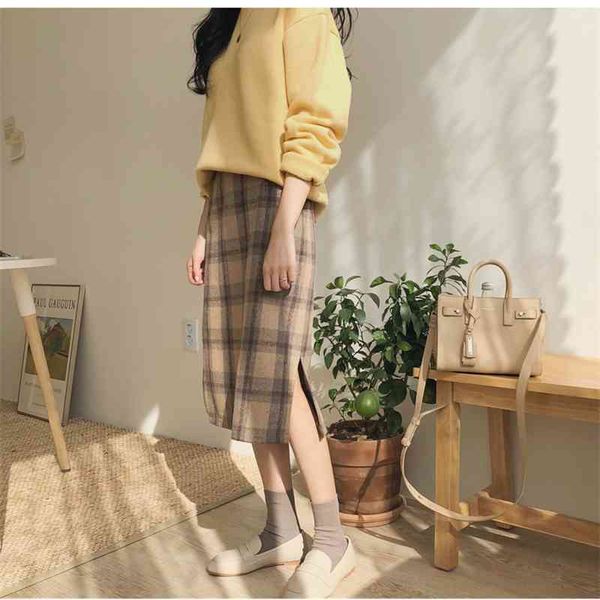 

plaid women autumn plus size pencil long girls skirt female vintage warm thick skirts winter femme faldas muje 210417, Black