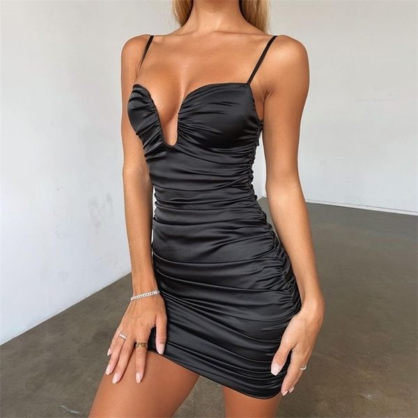 

beyouare elegant women dress v-neck sleeveless spaghetti strap folds solid party satin female fashion streetwear mini dress, Black;gray