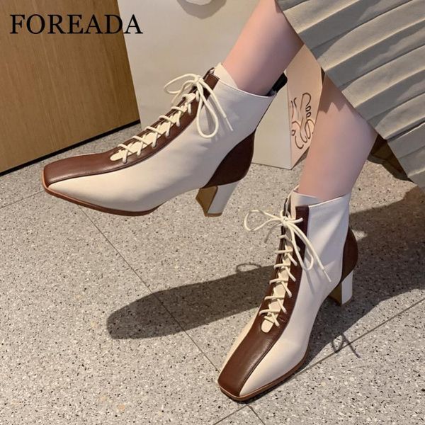 

boots foreada woman real leather high heel ankle lace up chunky shoes square toe short ladies autumn brown 40, Black