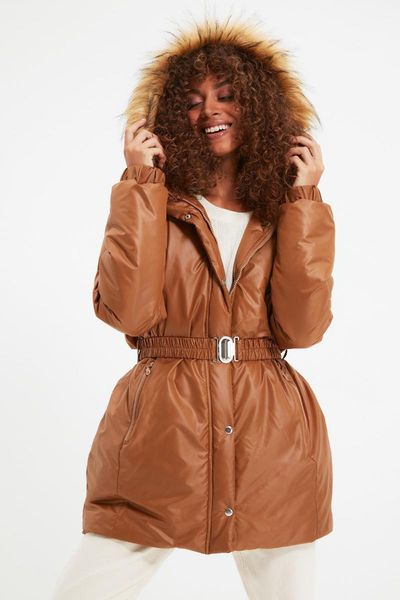 

women's jackets trendyol kemerli fur hooded inflatable coat twoaw22mo0070, Black;brown