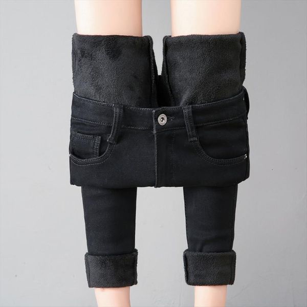 

black blue gray high waist women jean velvet thick winter skinny stretch warm plus mom denim trousers size 40