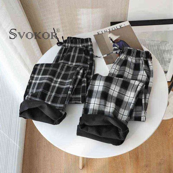 

svokor winter velvet wide-leg pants women warm black white checkered trousers loose straight slim fashionable style 211124