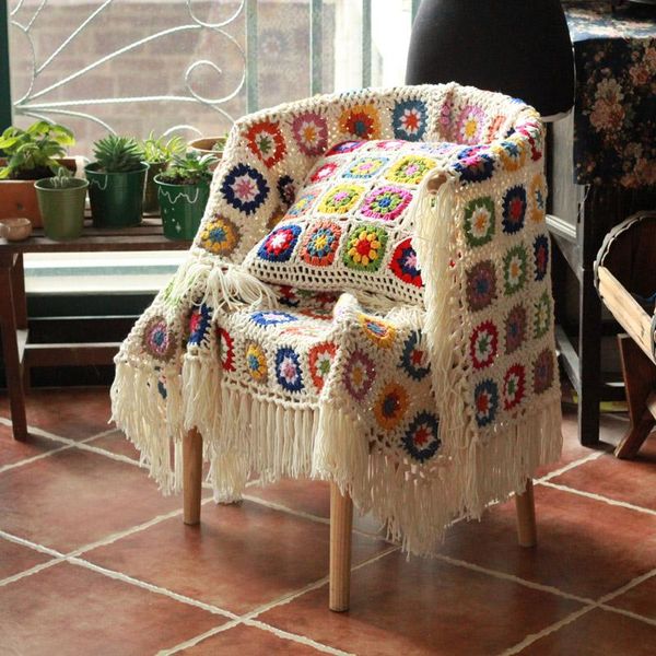 

blankets handmade mixcolour granny square crochet tassels blanket afghan sofa throw with cushion felt pastoral style