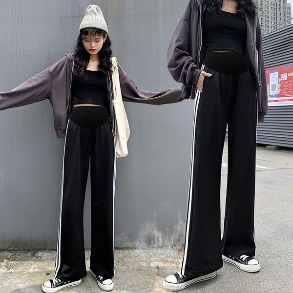 

maternity bottoms pregnant women haroun pants loose movement tall waist abdominal trousers wide leg belly casual, White