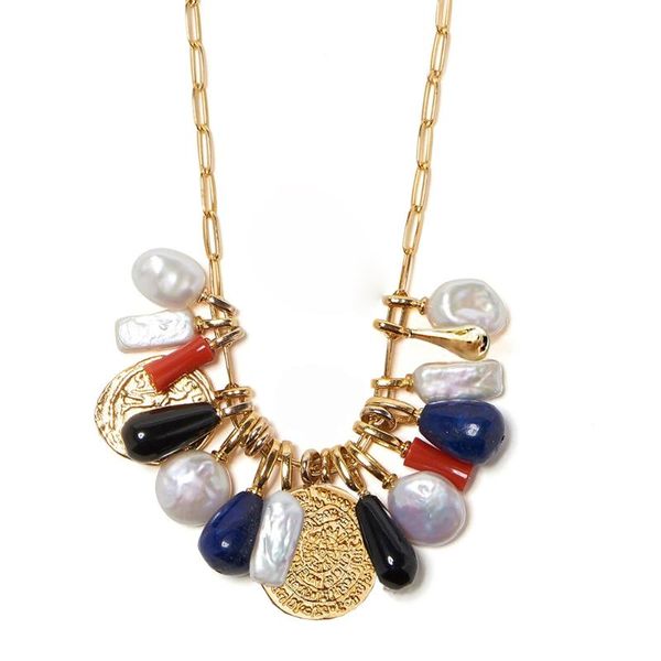 

est heirloom accessory freshwater pearls coral onyx lapis lazuli water drop heritage charm necklace jewelry bijoux femme boho pendant neckla, Silver