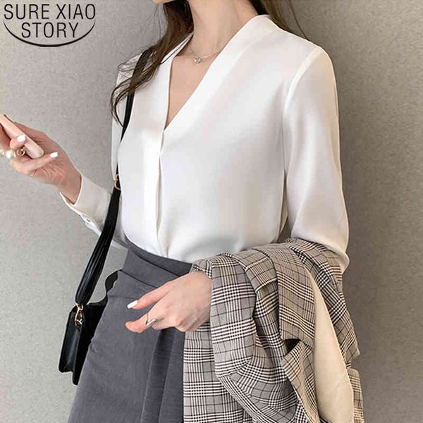 

korean long sleeve white blouse office lady shirts women fashion chiffon blouses v-neck spring temperament 13139 210417