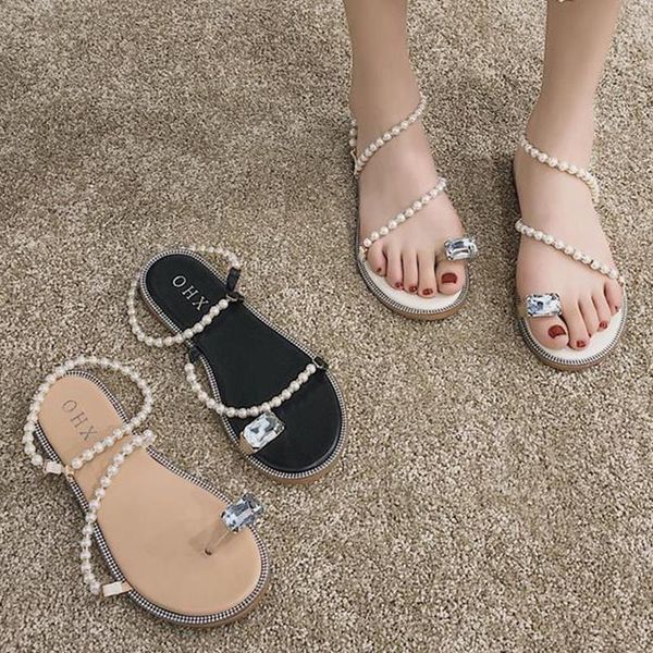 

fairy crystal clip toe pearl slingback women sandals summer beach shoes student sweet beads band flat femmes sandalias2021, Black