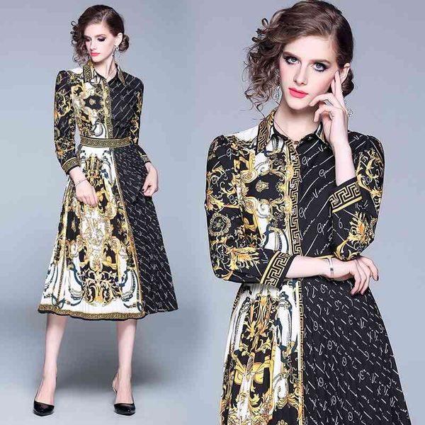 

luxury design vintage printed dress spring fall runway women's long sleeve shirt dress office lady business elegant slim party prom dre, Black;gray
