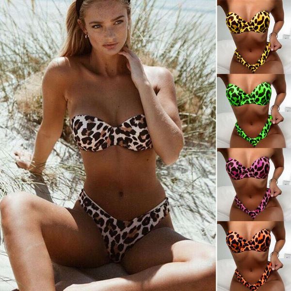 

women's swimwear 2021 summer feminino women leopard bikini set push up strapless bra g-string thong bathing suit mini, White;black