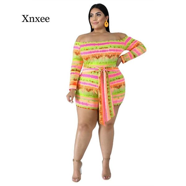 

women's jumpsuits & rompers plus size xl-4xl winter women slash neck full sleeve playsuit striped print sashes bodycon jumpsuit club ro, Black;white