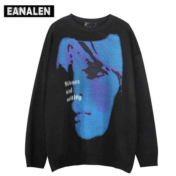 

harajuku vintage abstract portrait knitted men oversized punk rock gothic jumper pullover women grandpa ugly sweater, Black