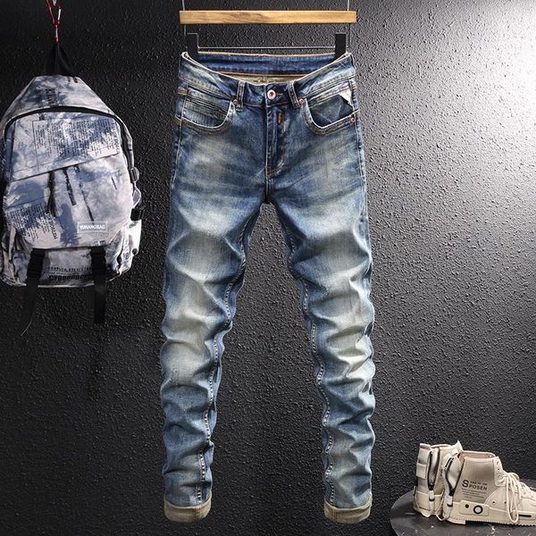 

men's jeans italian style fashion men retro blue elastic slim fit vintage designer casual cotton denim pants