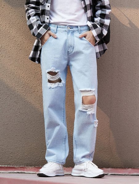 

men slant pockets ripped straight leg jeans o71l#, Blue