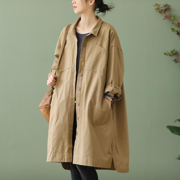 

women's trench coats johnature 2021 spring loose plus size single breasted windbreaker simple casual solid color all-match women long c, Tan;black