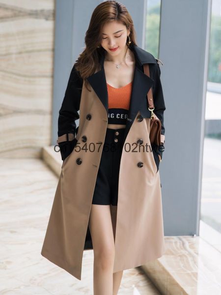 

color contrast over knee windbreaker women's long 2021 autumn and winter a sa matching fashion specialty coat trench coats, Tan;black