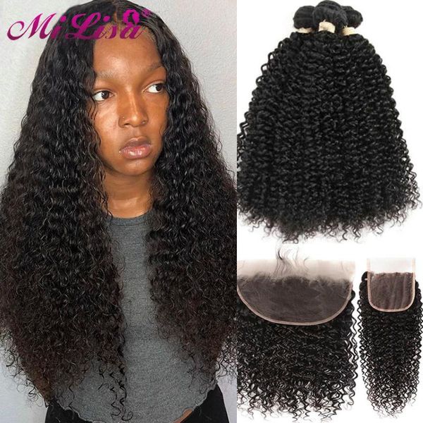 

human hair bulks peruvian kinky curly bundles with frontal closure mi lisa 13*4 lace, Black