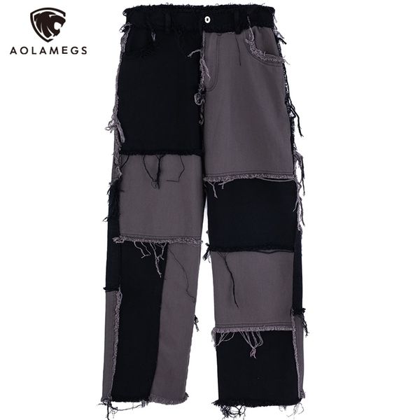 

aolamegs jeans men vintage color block tearing patchwork denim pants casual japanese high street harajuku fashion streetwear men 210331, Blue