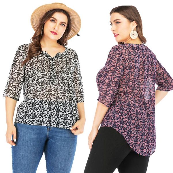 

women's blouses & shirts women half sleeve loose floral printed blouse ol clothes casual button office lady summer chiffon 2021, White