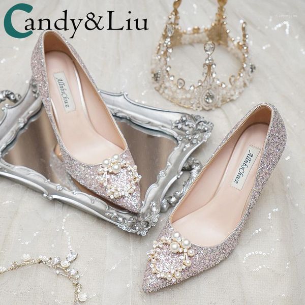 

dress shoes wedding women 2021 bride high heel sequin pearls decoration higher quality metal program beautiful lady pumps1, Black