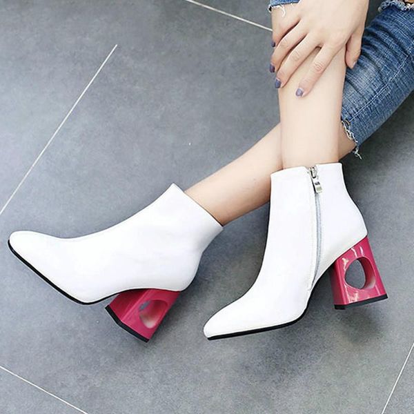 

boots leather wedding shoes fashion hollow heel women's woman winter autumn white black rose red ankle