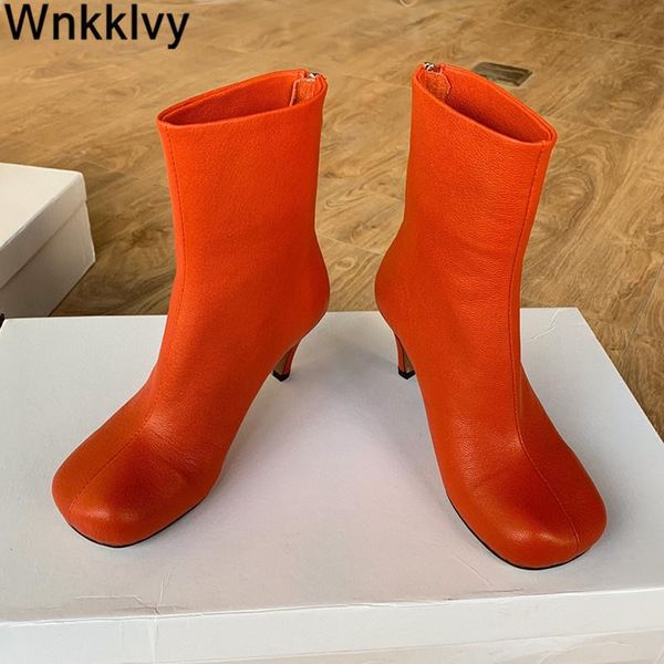 

boots autumn winter stretch short women round ankle spike high heels genuine leather 2021 runway shoes female, Black