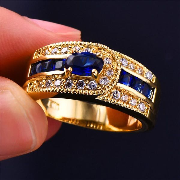 

gorgeous blue zircon ring geometric crystal stone rings for women men wedding jewelry male female luxury engagement promise cluster, Golden;silver