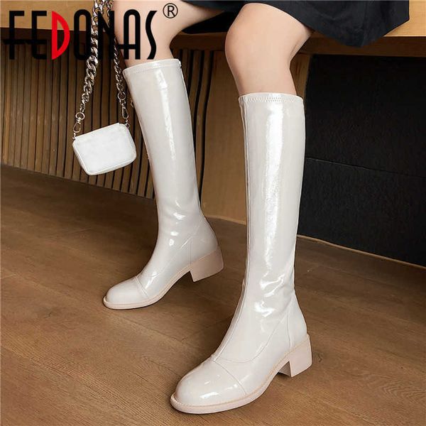 

zipper buckle straps knee high boots for women wide leg genuine leather chunky heels shoes woman party basic long 210528, Black