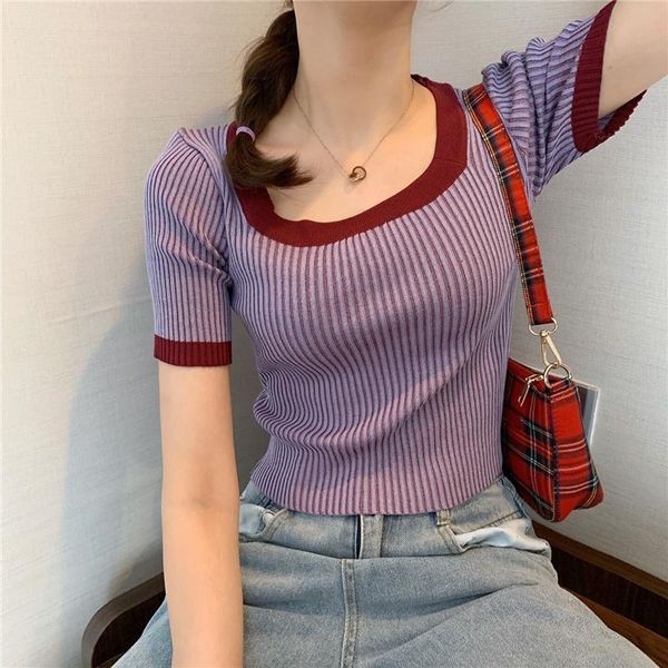 

o neck short sleeve cropped women sweaters shirts girls knit thin summer elastic contrast color sheath tee crop top, White;black