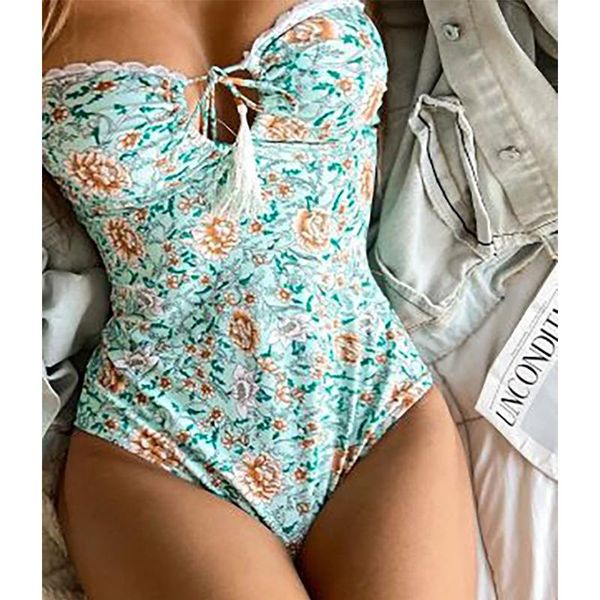 

one-piece suits bandeau swimsuit floral print bathing beachwear women's swimwear bandage hollow out bikinis
