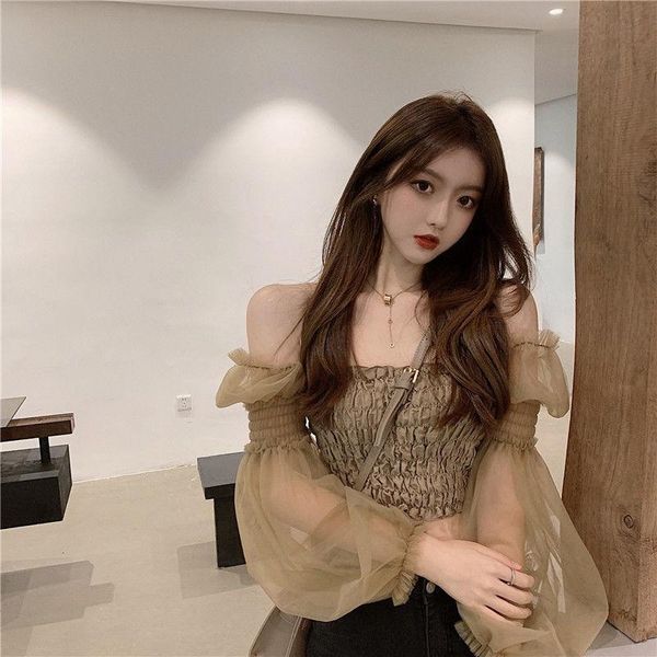 

women's blouses & shirts blouse women shirt chiffon 2021 spring and summer mesh stitching shoulder pleated cropped blusas mujer de moda, White