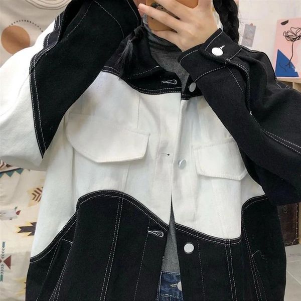 

women's jackets hip-hop streetwear korean gothic black white stitching denim jacket female vintage loose long-sleeved coat harajuku pun, Black;brown