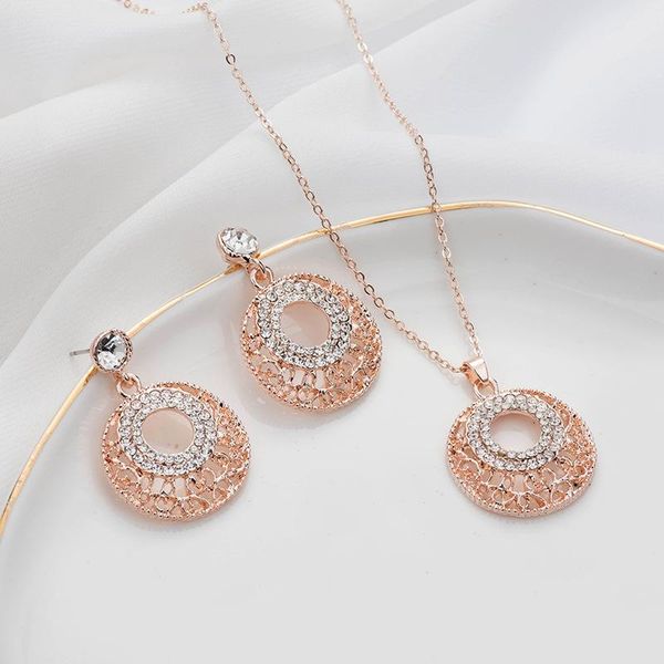 

earrings & necklace european and american style hollow round cover adornment electroplated rhinestone stud set bridal jewelry, Silver