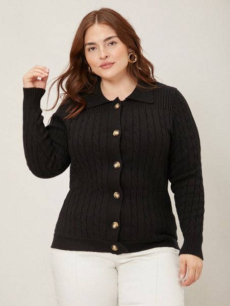 

motf premium plus viscose cable knit cardigan b5fl#, Black