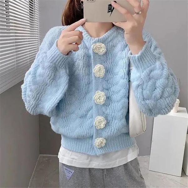 

women's knits & tees vintage flowers cardigan woman sweaters autumn winter 2021 o neck button up jackets loose short knitted coats blue, White