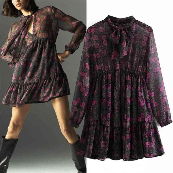 

black printed chiffon mini dress women vintage bow tied v neck tulle semi sheer long puff sleeve ruffle ladies dresses 210519, Black;gray